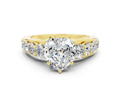 Yellow gold Heart Cut Moissanite Engagement Ring with Pavé Band and Four-Prong Setting