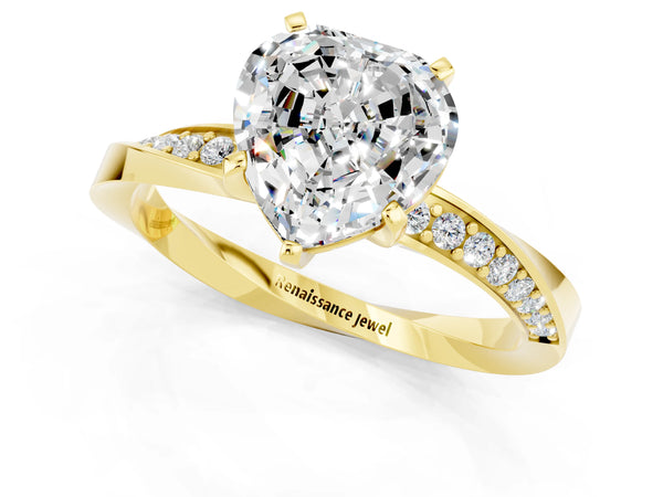 Yellow gold Heart Cut Moissanite Engagement Ring with Side Stone Accents and Four-Prong Setting
