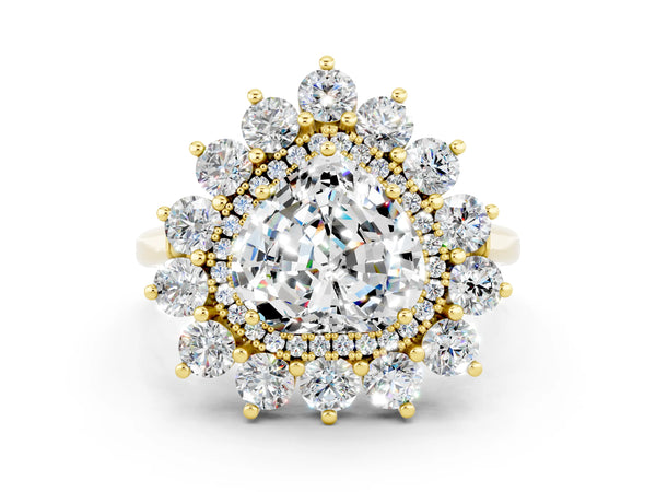 Yellow gold Heart Cut Moissanite Floral Double Halo Engagement Ring with Prong Setting