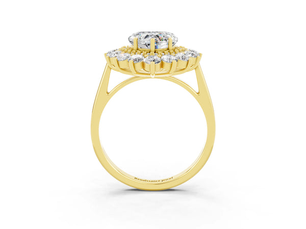 Yellow gold Heart Cut Moissanite Floral Double Halo Engagement Ring with Prong Setting
