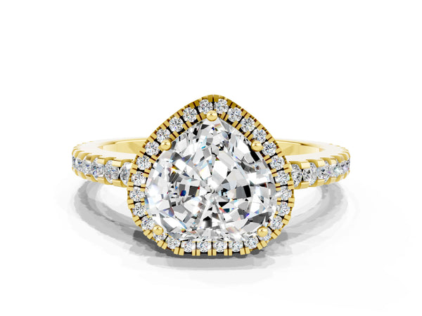 Yellow gold Heart Cut Moissanite Halo Engagement Ring with Pavé Band and Prong Setting