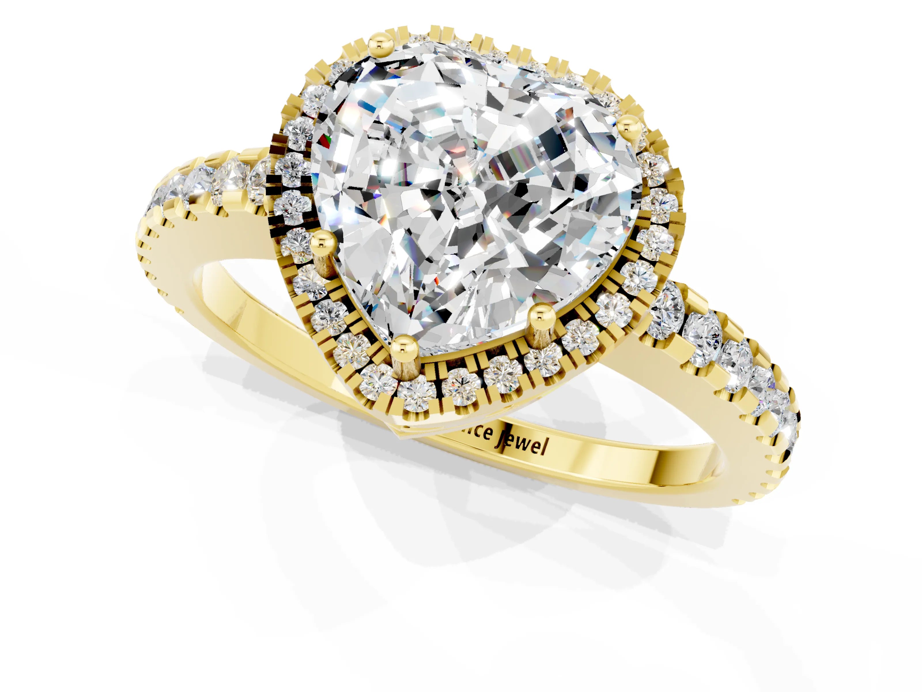 Yellow gold Heart Cut Moissanite Halo Engagement Ring with Pavé Band and Prong Setting_13