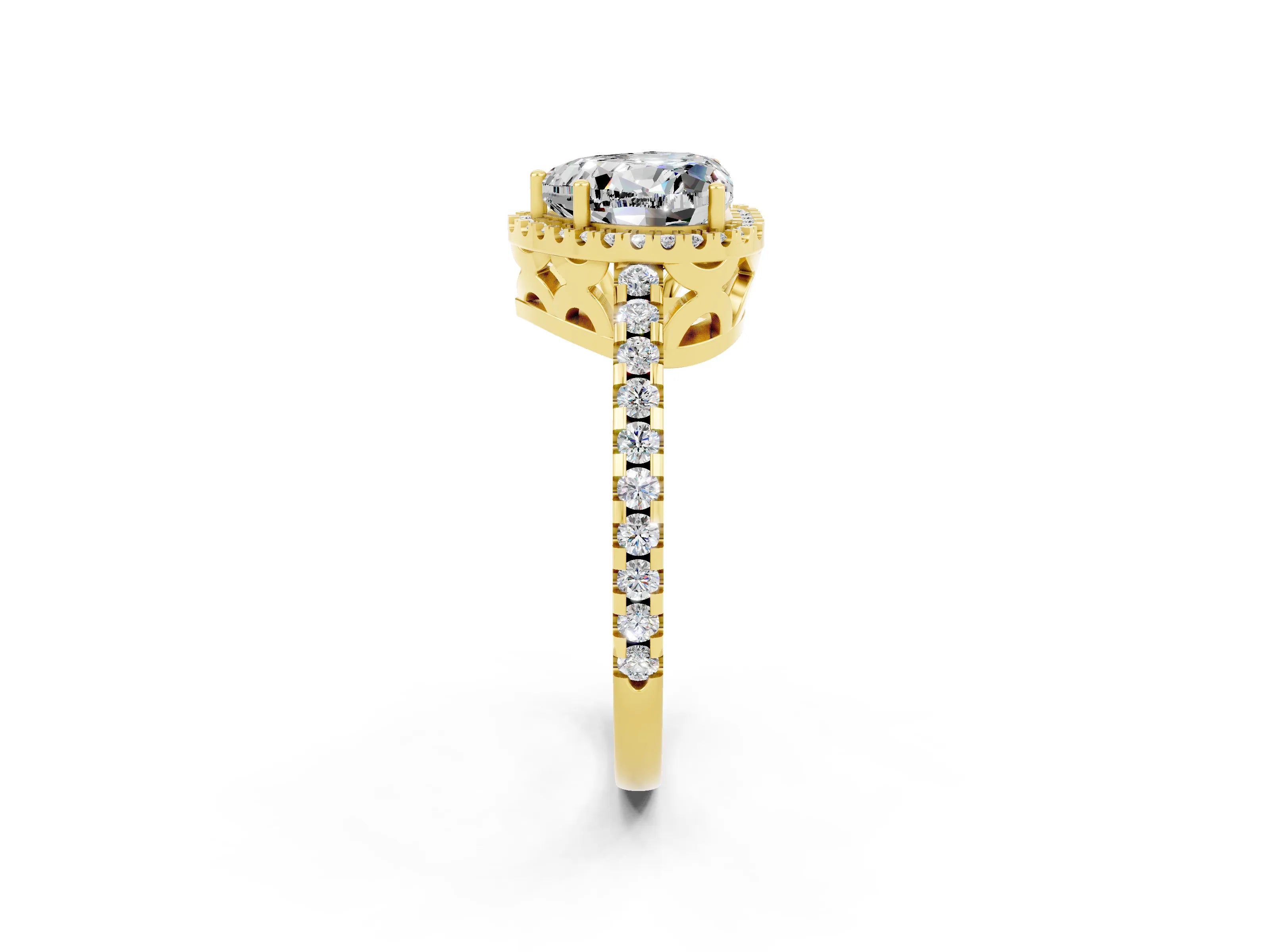 Yellow gold Heart Cut Moissanite Halo Engagement Ring with Pavé Band and Prong Setting_14