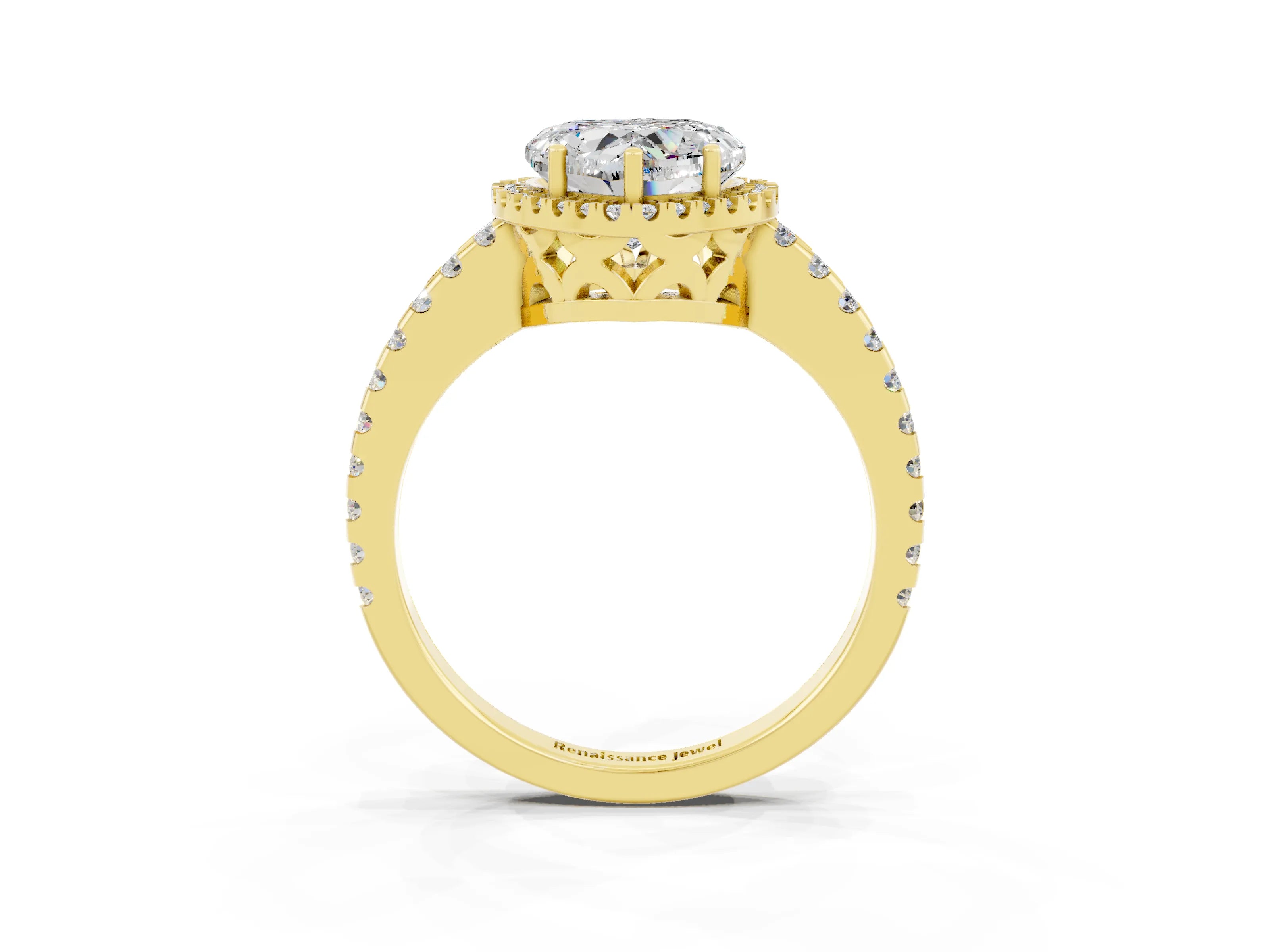 Yellow gold Heart Cut Moissanite Halo Engagement Ring with Pavé Band and Prong Setting_15