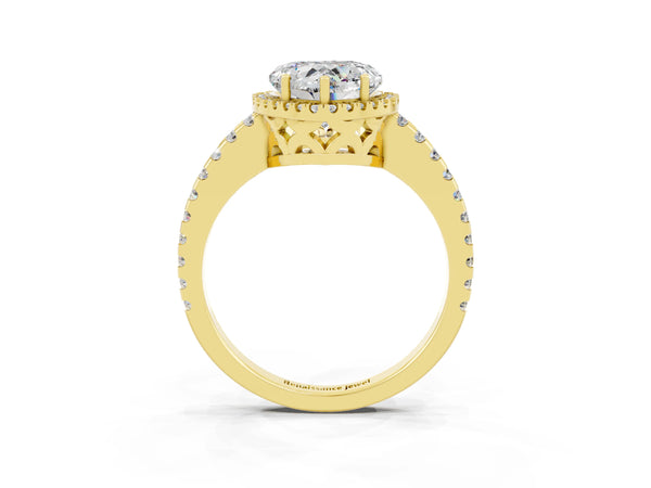 Yellow gold Heart Cut Moissanite Halo Engagement Ring with Pavé Band and Prong Setting