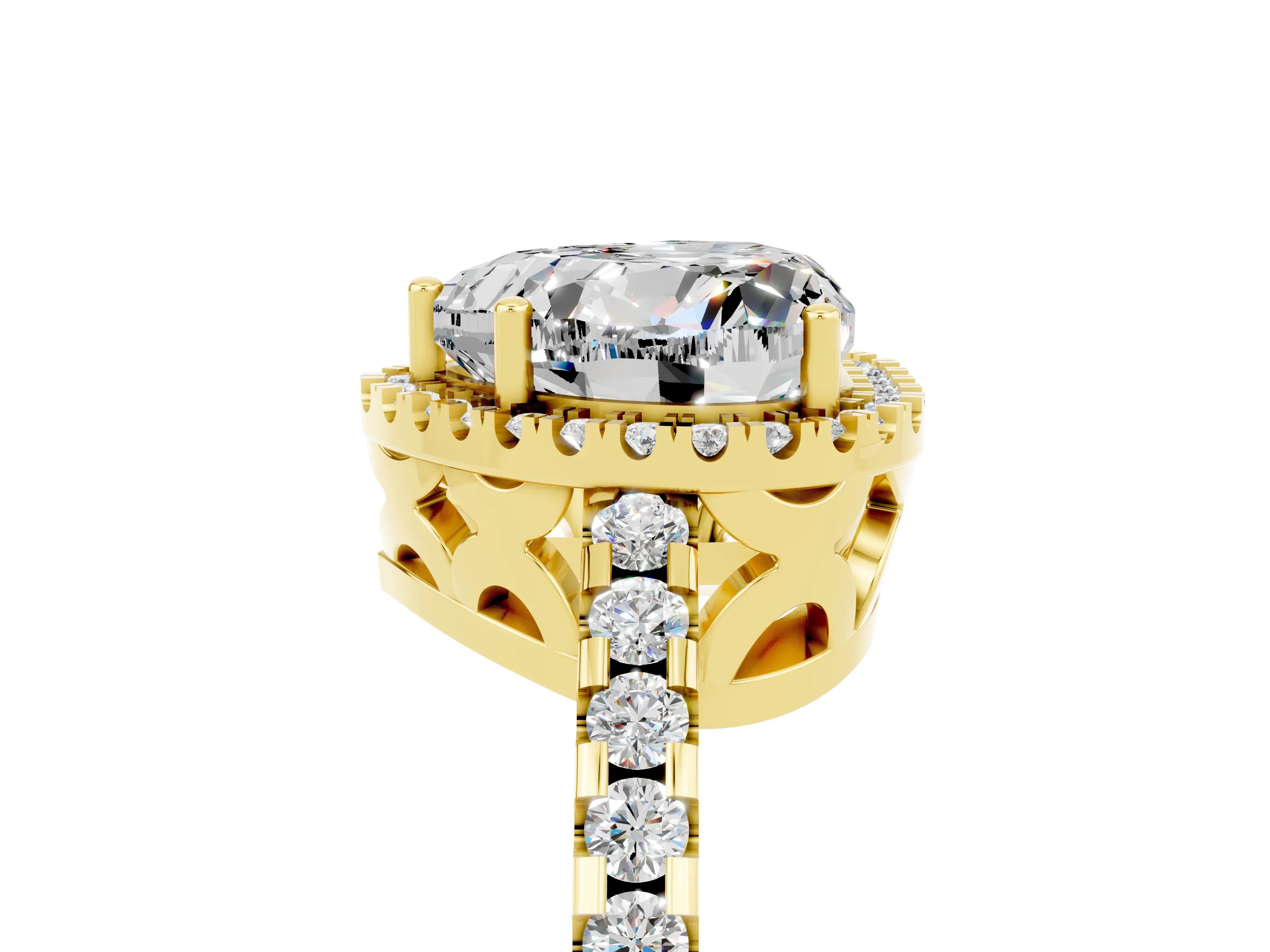 Yellow gold Heart Cut Moissanite Halo Engagement Ring with Pavé Band and Prong Setting_17