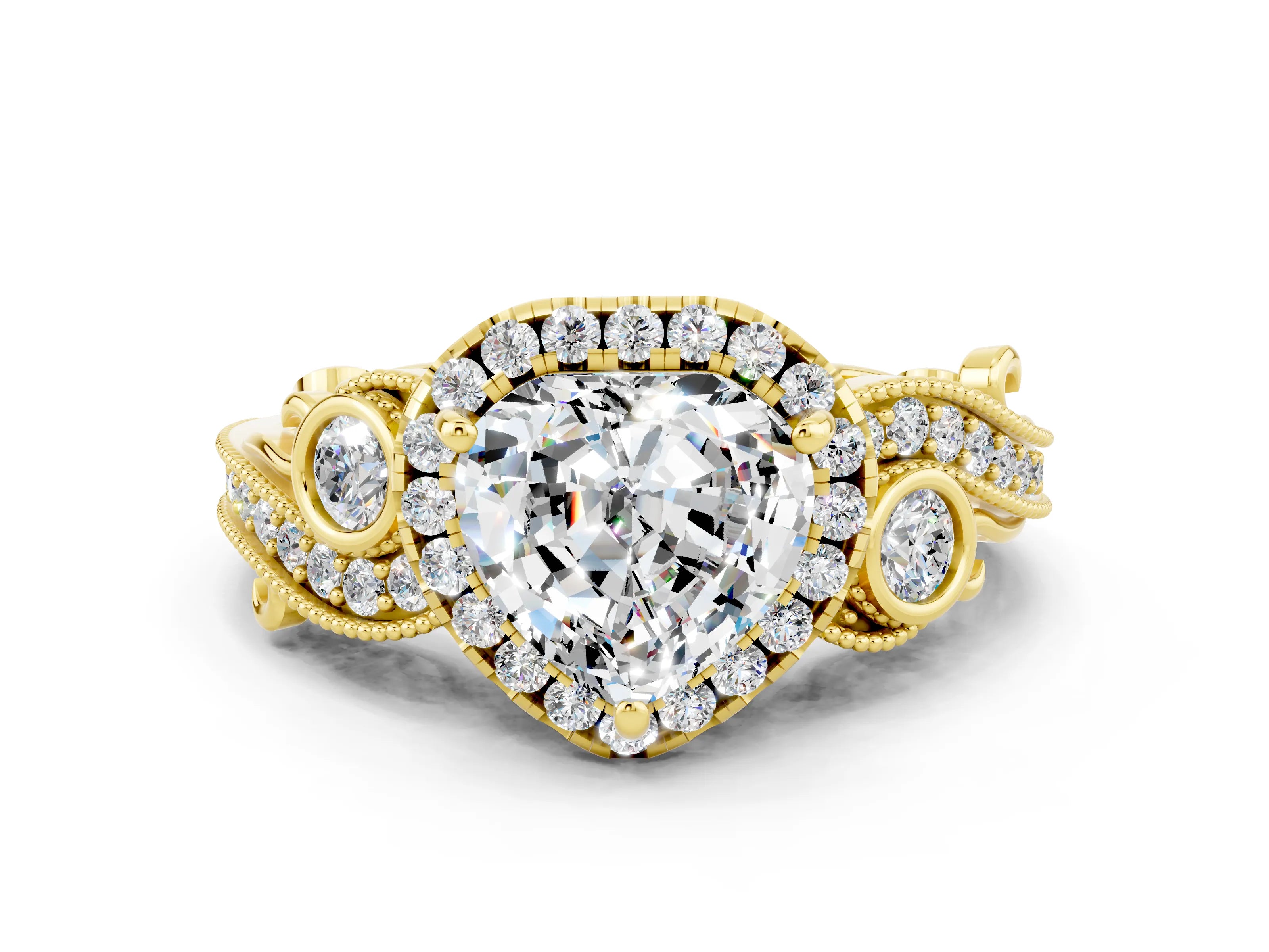 Yellow gold Heart Cut Moissanite Halo Ring with Milgrain Pavé Band and Four-Prong Setting_12