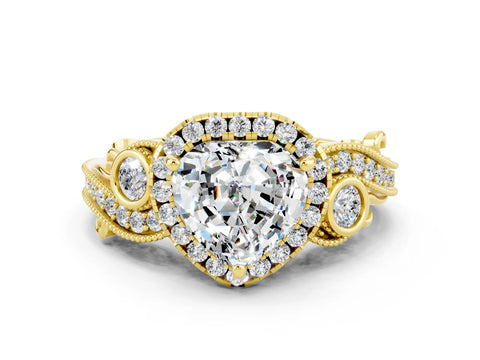 Yellow gold Heart Cut Moissanite Halo Ring with Milgrain Pavé Band and Four-Prong Setting_12