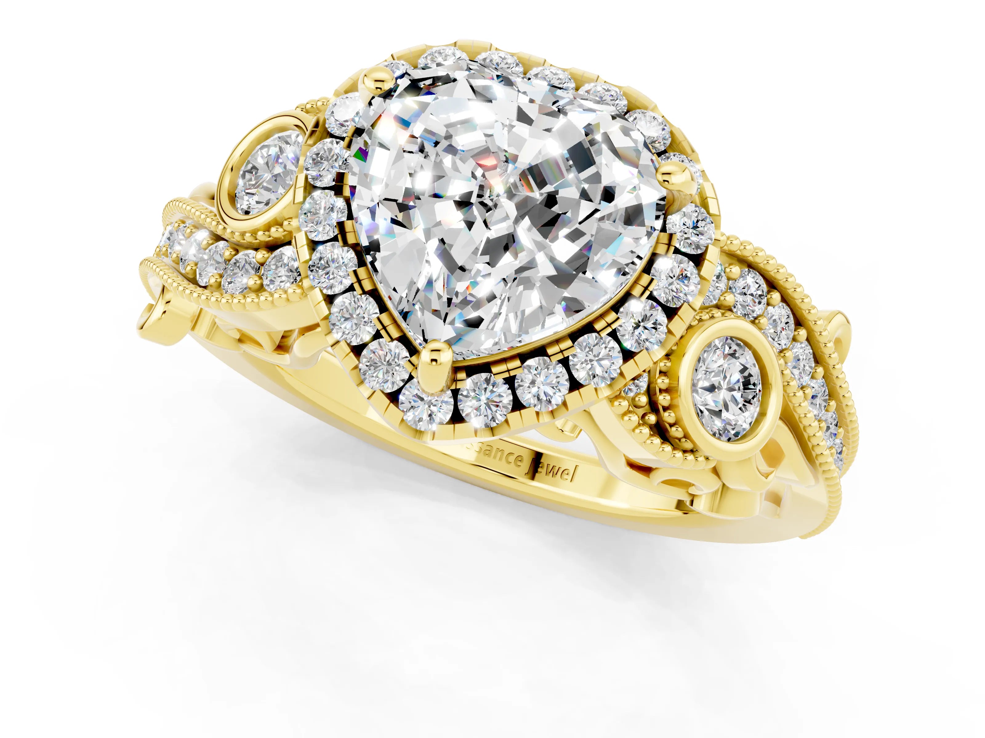 Yellow gold Heart Cut Moissanite Halo Ring with Milgrain Pavé Band and Four-Prong Setting_13