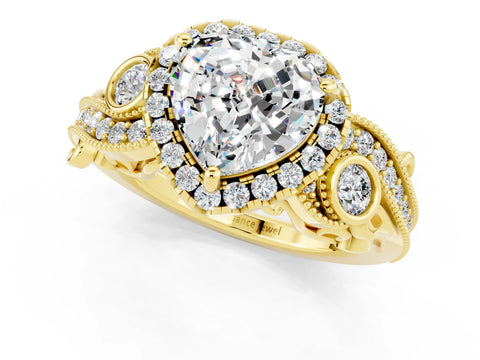 Yellow gold Heart Cut Moissanite Halo Ring with Milgrain Pavé Band and Four-Prong Setting_13