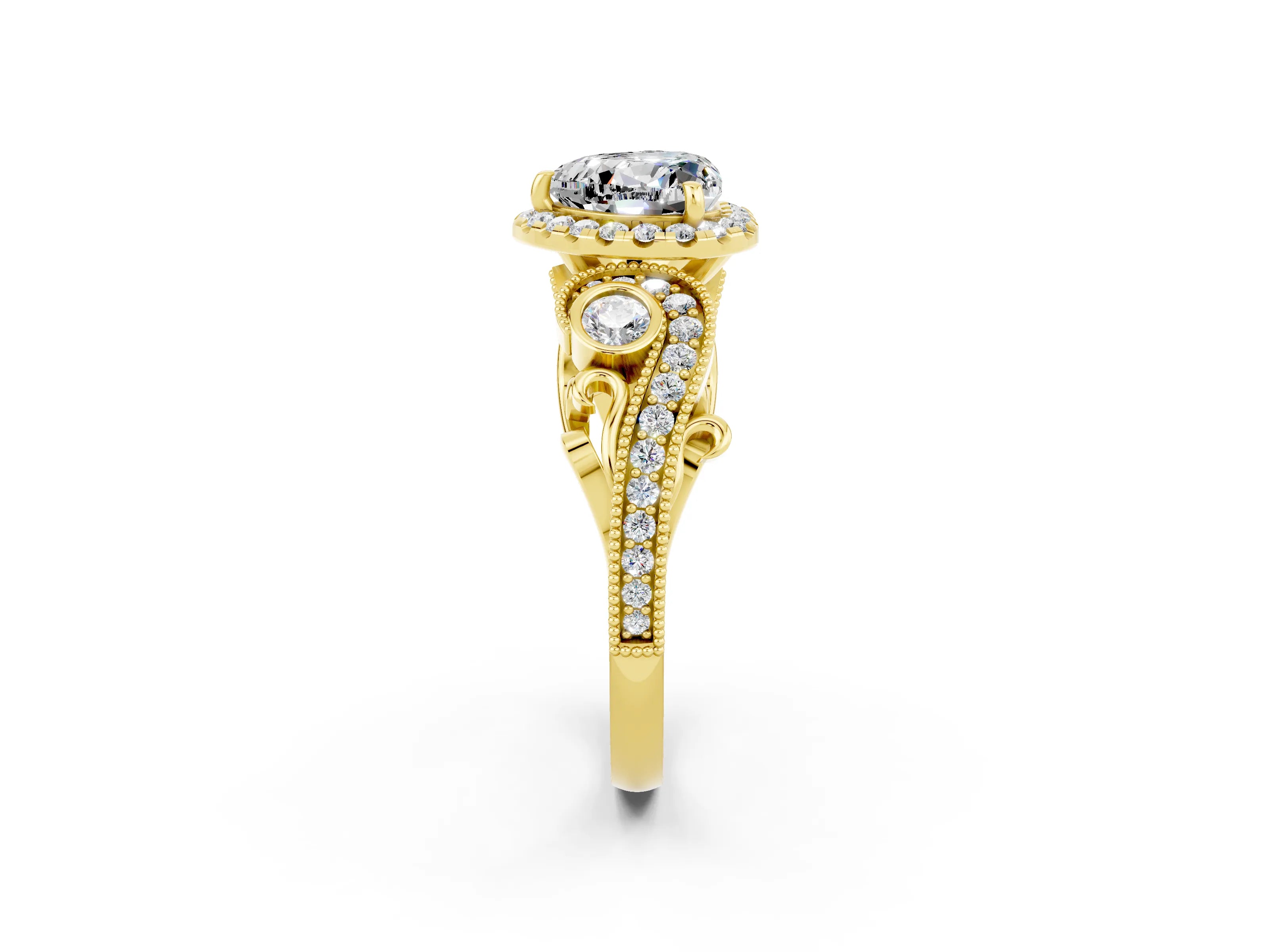 Yellow gold Heart Cut Moissanite Halo Ring with Milgrain Pavé Band and Four-Prong Setting_14