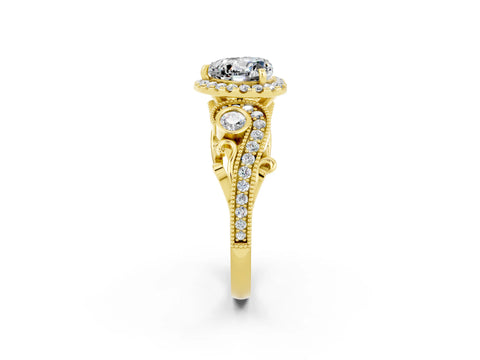 Yellow gold Heart Cut Moissanite Halo Ring with Milgrain Pavé Band and Four-Prong Setting_14