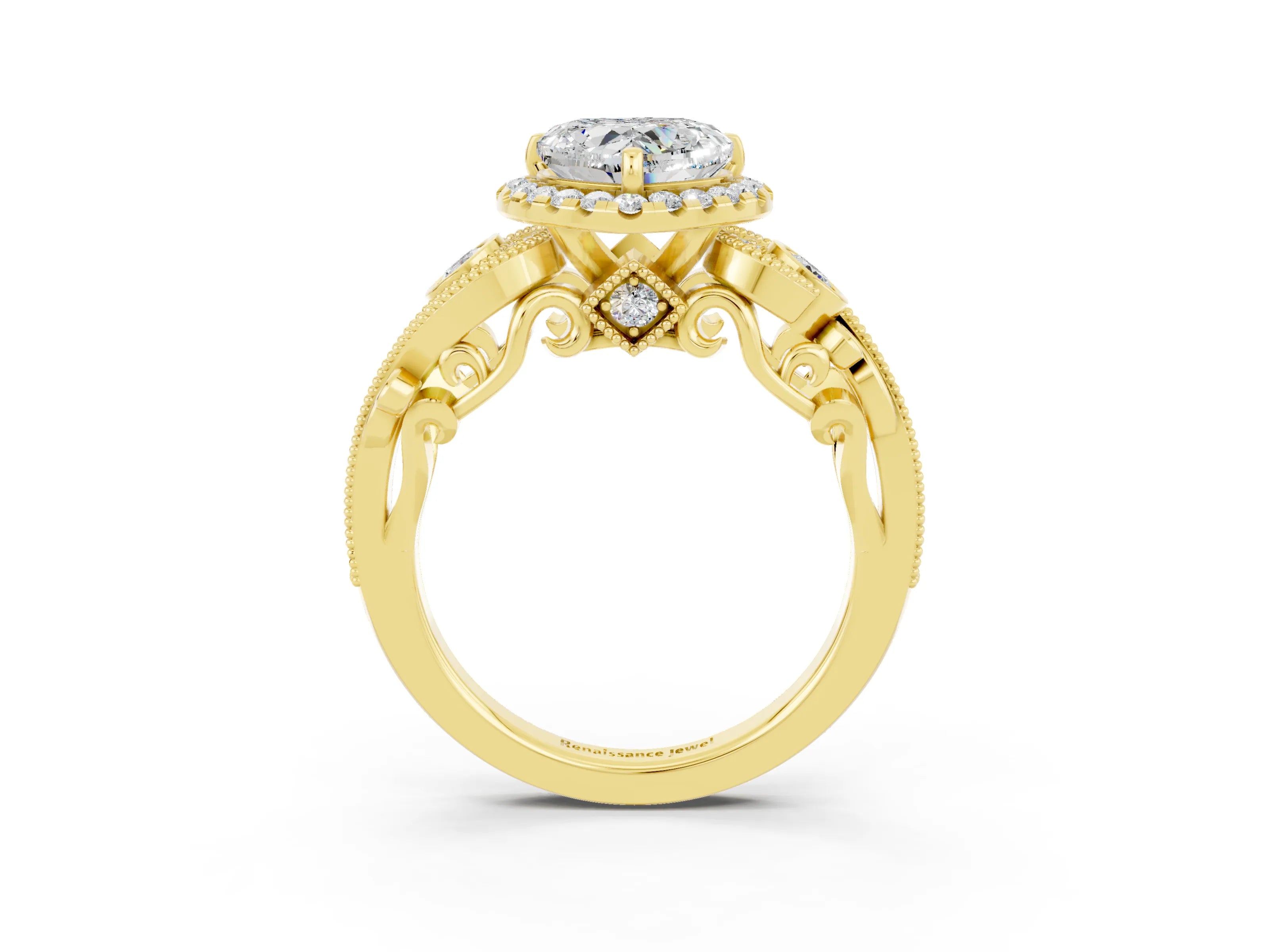 Yellow gold Heart Cut Moissanite Halo Ring with Milgrain Pavé Band and Four-Prong Setting_15