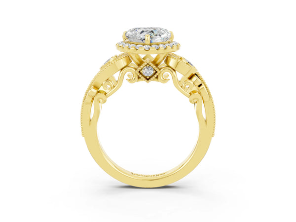 Yellow gold Heart Cut Moissanite Halo Ring with Milgrain Pavé Band and Four-Prong Setting