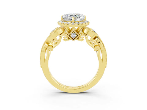 Yellow gold Heart Cut Moissanite Halo Ring with Milgrain Pavé Band and Four-Prong Setting_15