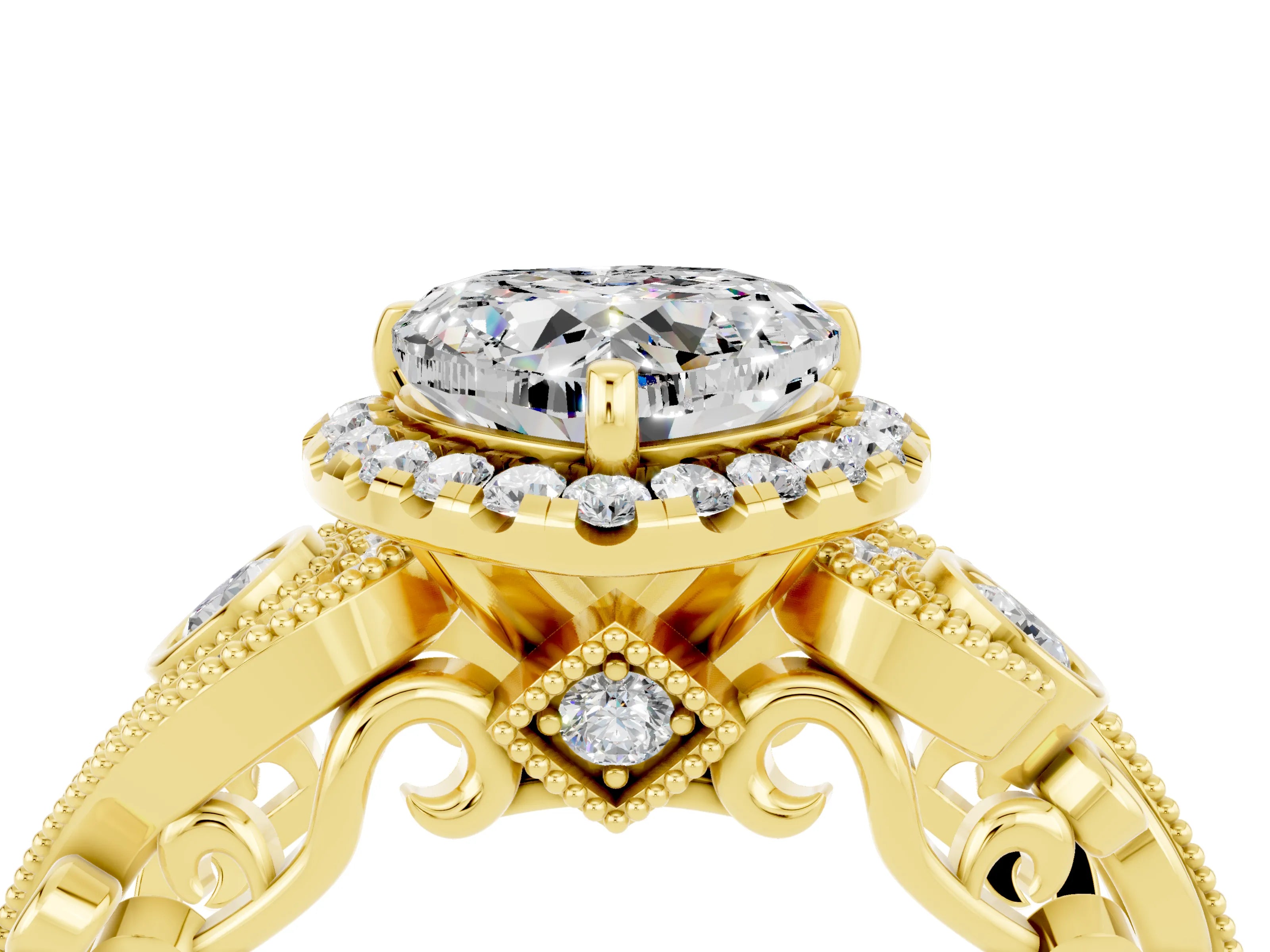 Yellow gold Heart Cut Moissanite Halo Ring with Milgrain Pavé Band and Four-Prong Setting_16