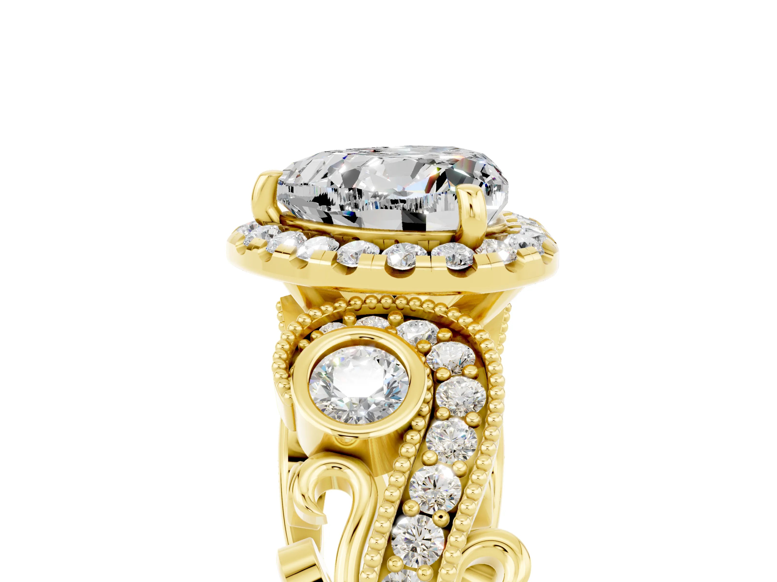 Yellow gold Heart Cut Moissanite Halo Ring with Milgrain Pavé Band and Four-Prong Setting_17