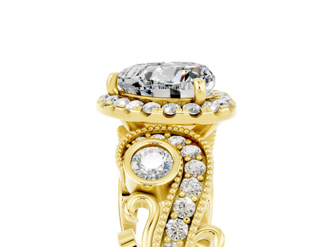 Yellow gold Heart Cut Moissanite Halo Ring with Milgrain Pavé Band and Four-Prong Setting_17