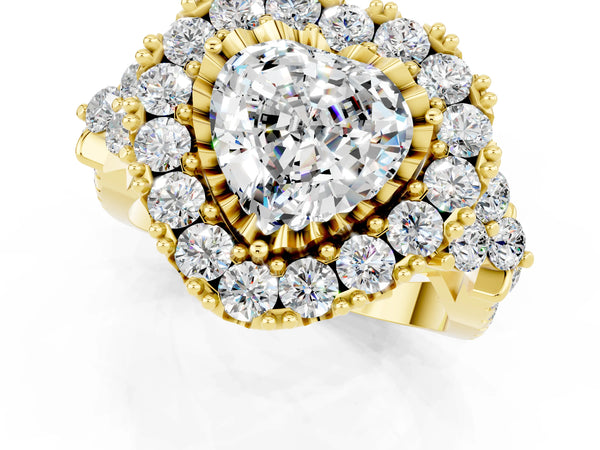 Yellow gold Heart Cut Moissanite Halo Ring with Pavé Band and Four-Prong Setting