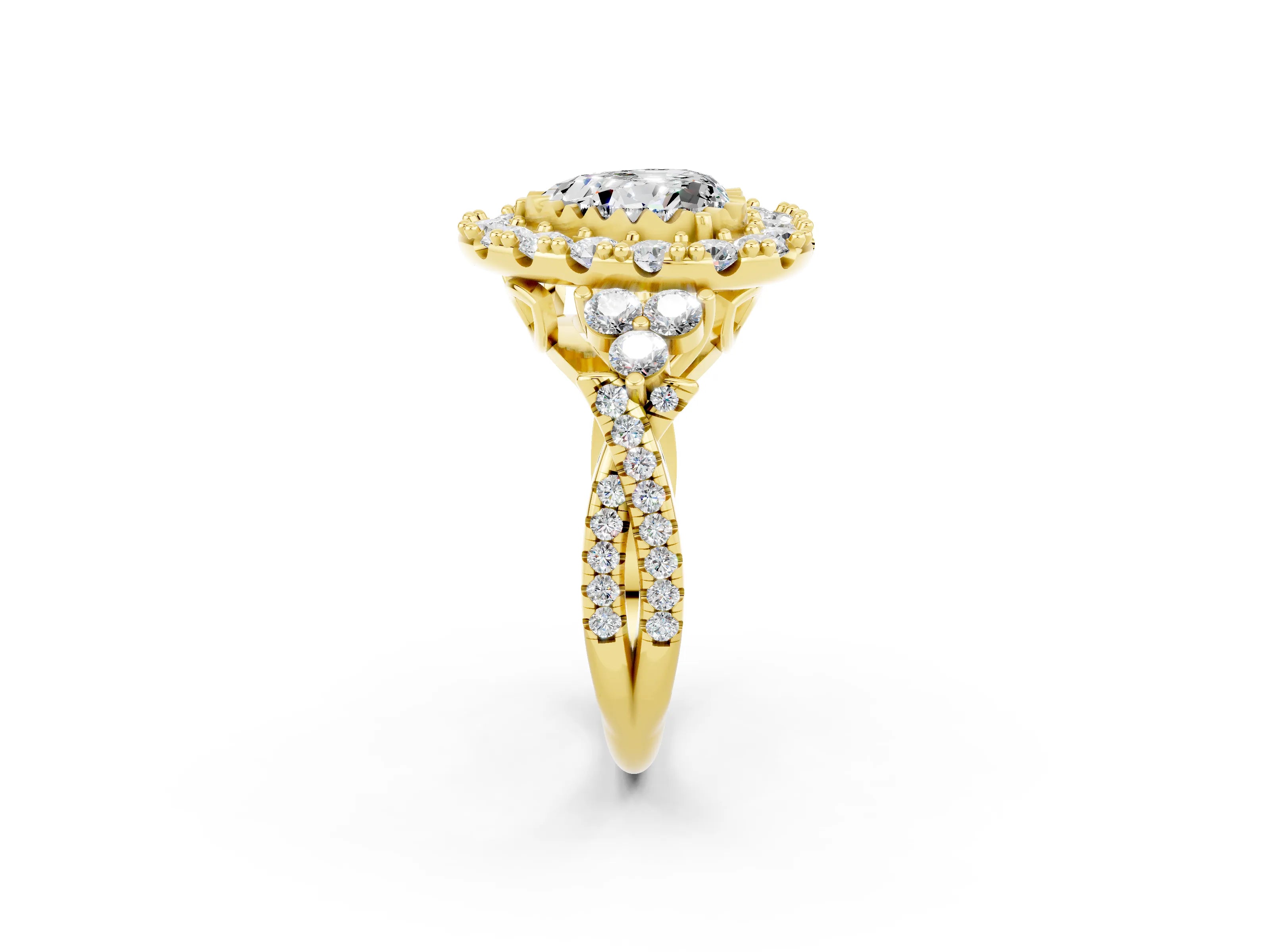 Yellow gold Heart Cut Moissanite Halo Ring with Pavé Band and Four-Prong Setting_14