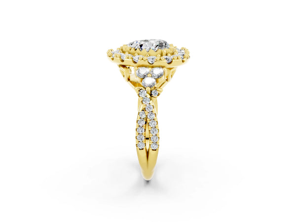 Yellow gold Heart Cut Moissanite Halo Ring with Pavé Band and Four-Prong Setting
