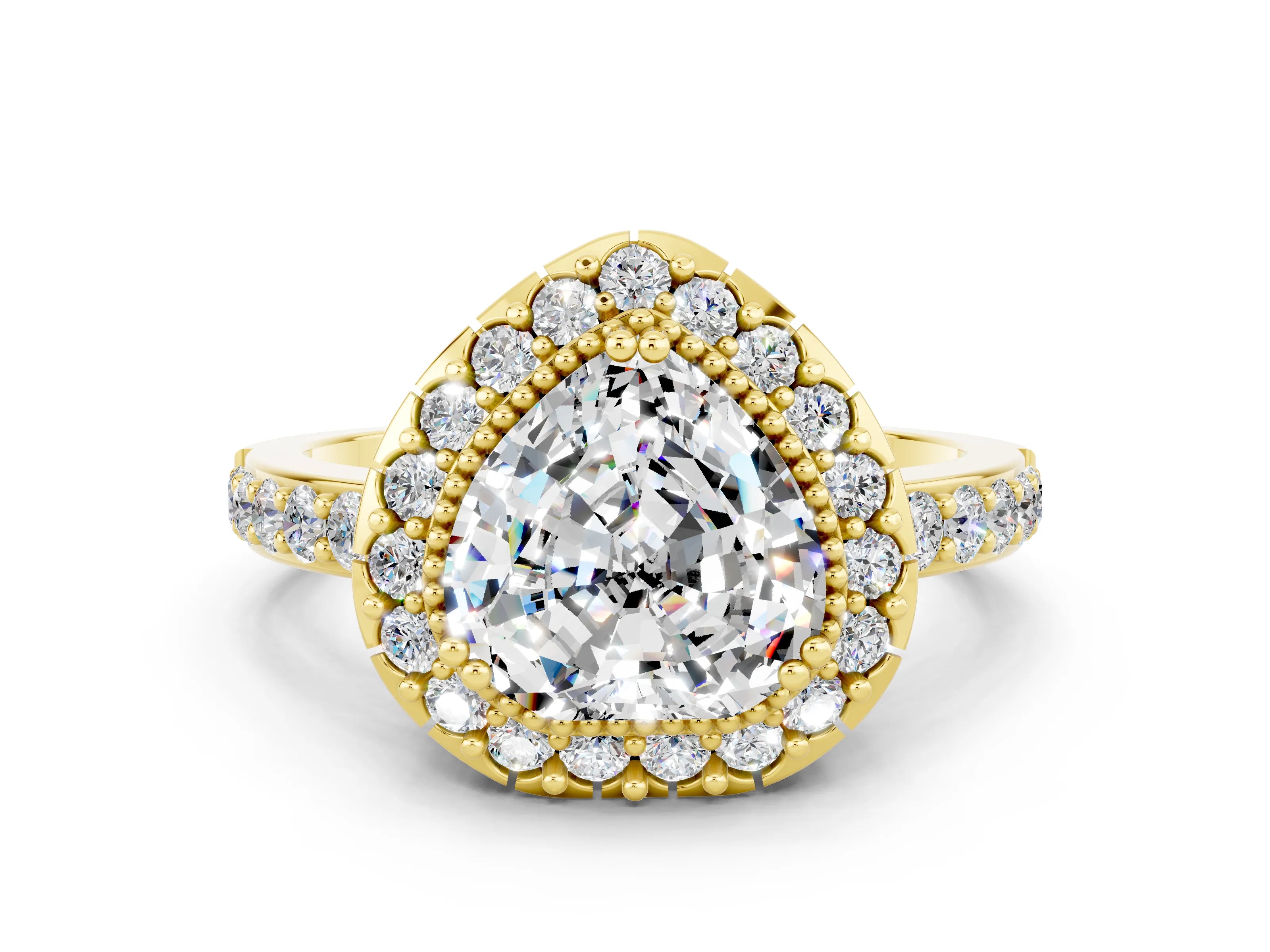 Yellow gold Heart Cut Moissanite Halo Ring with Pavé Band and Prong Setting