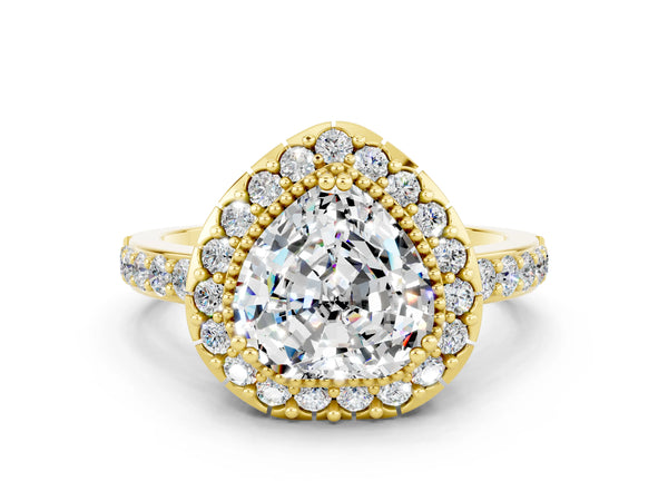 Yellow gold Heart Cut Moissanite Halo Ring with Pavé Band and Prong Setting