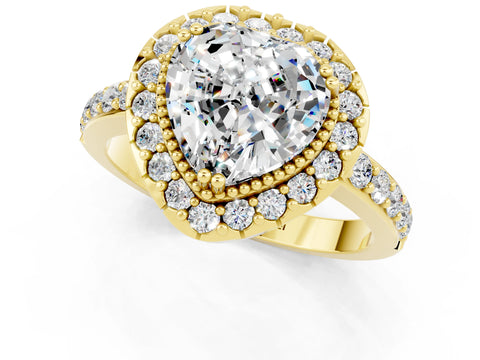 Yellow gold Heart Cut Moissanite Halo Ring with Pavé Band and Prong Setting_1