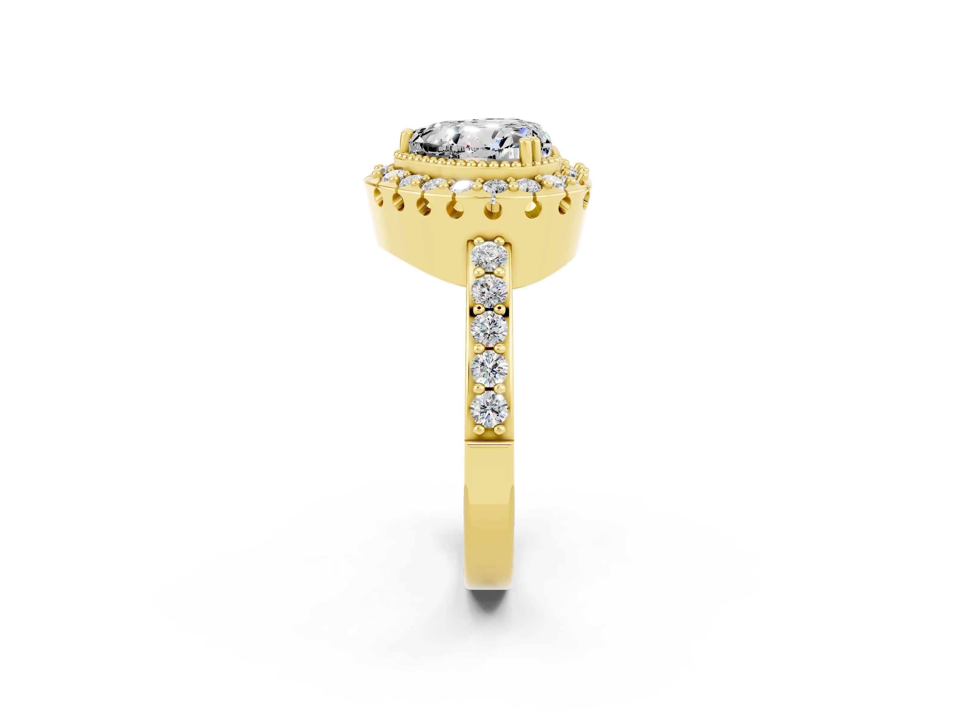 Yellow gold Heart Cut Moissanite Halo Ring with Pavé Band and Prong Setting_2