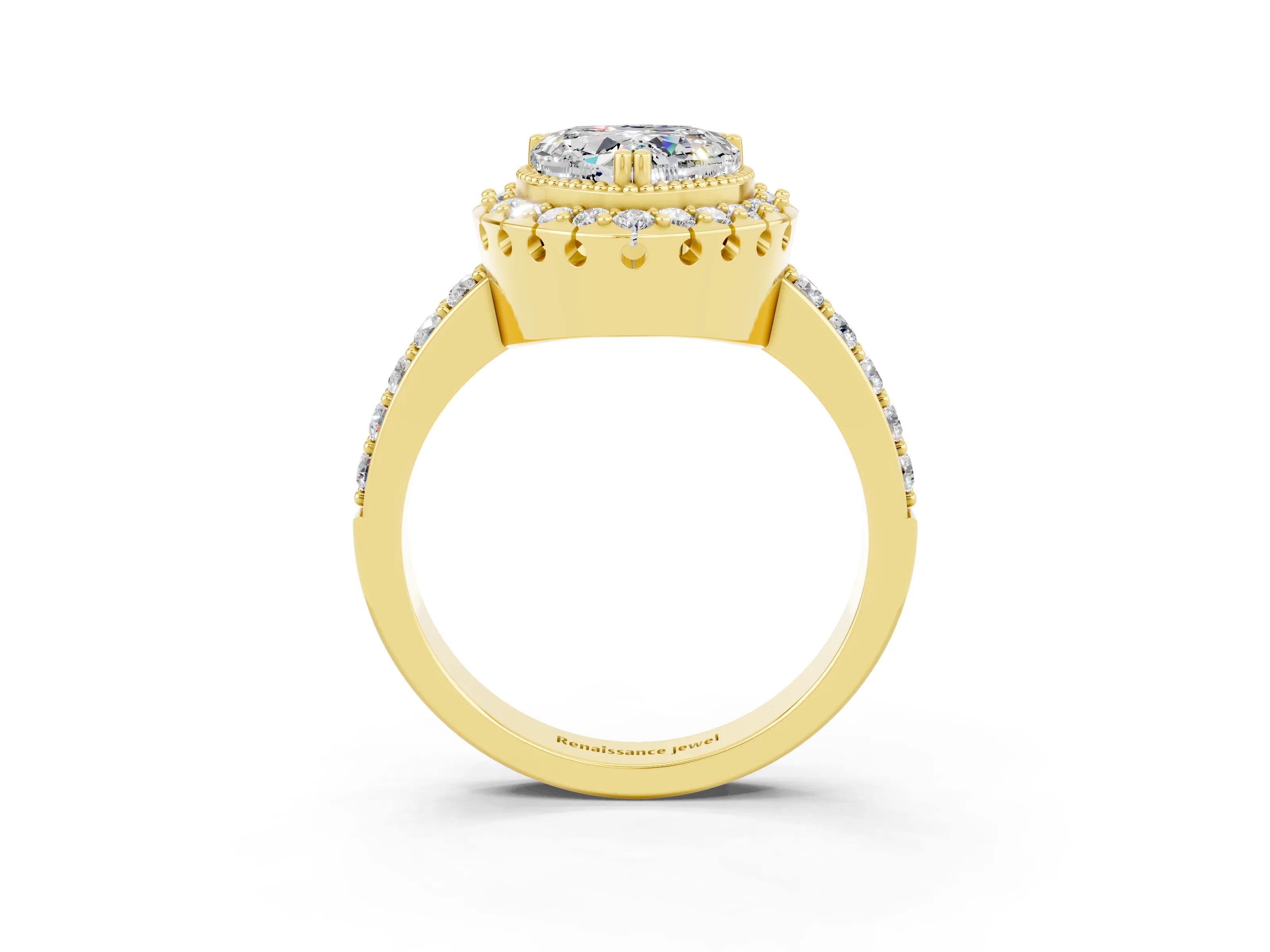 Yellow gold Heart Cut Moissanite Halo Ring with Pavé Band and Prong Setting_3