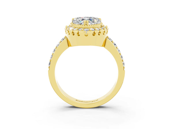 Yellow gold Heart Cut Moissanite Halo Ring with Pavé Band and Prong Setting