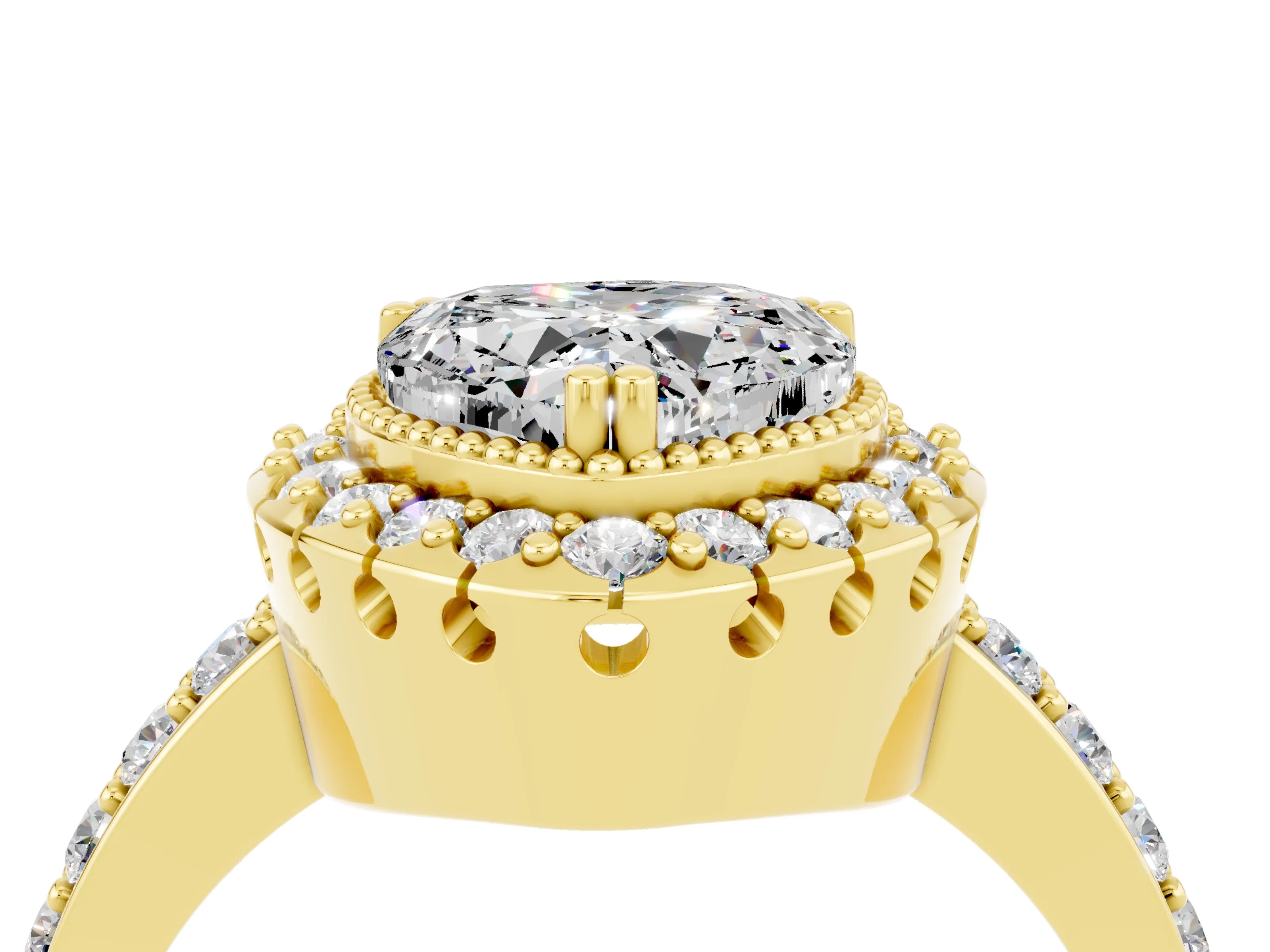 Yellow gold Heart Cut Moissanite Halo Ring with Pavé Band and Prong Setting_4