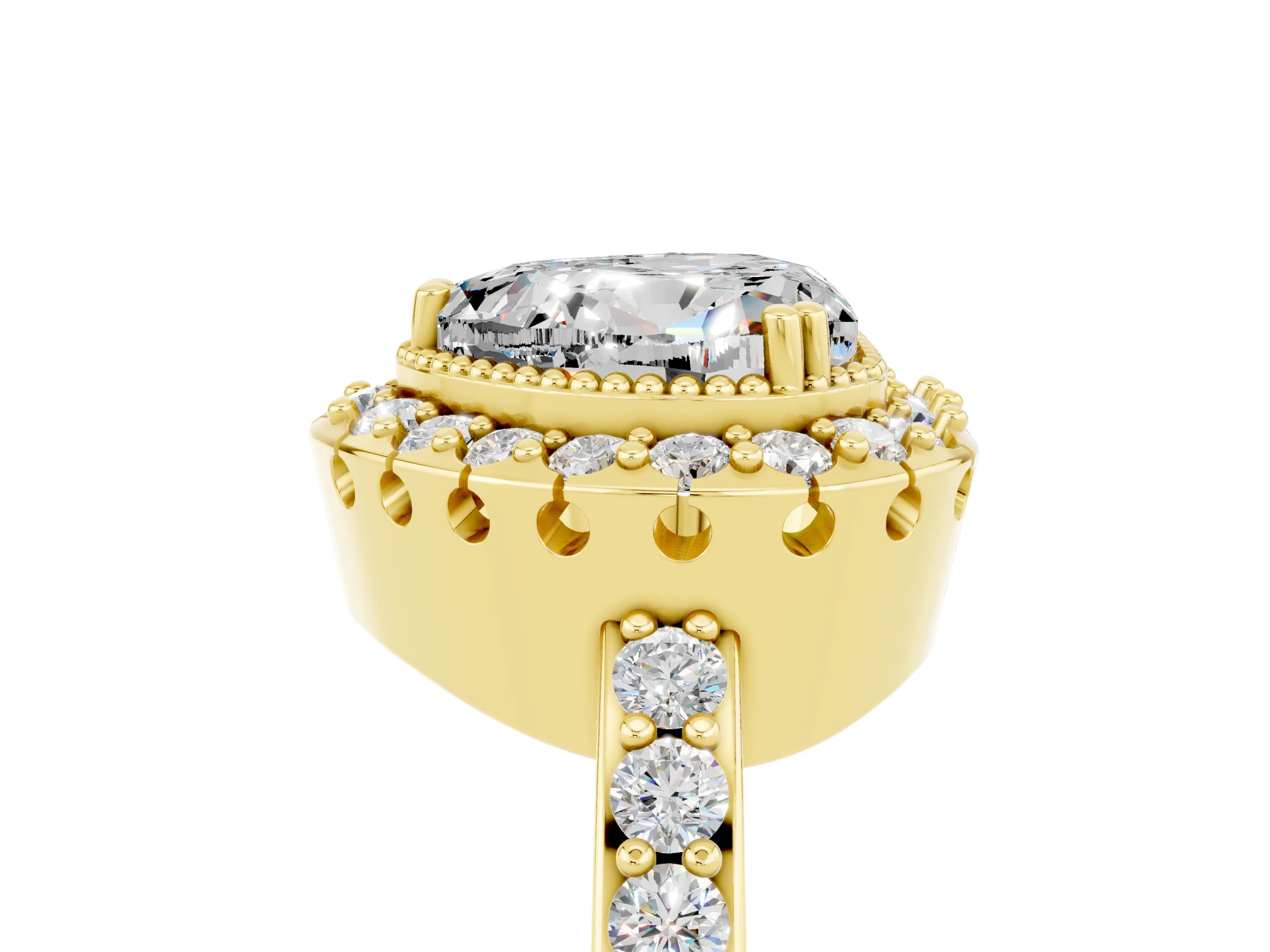 Yellow gold Heart Cut Moissanite Halo Ring with Pavé Band and Prong Setting_5