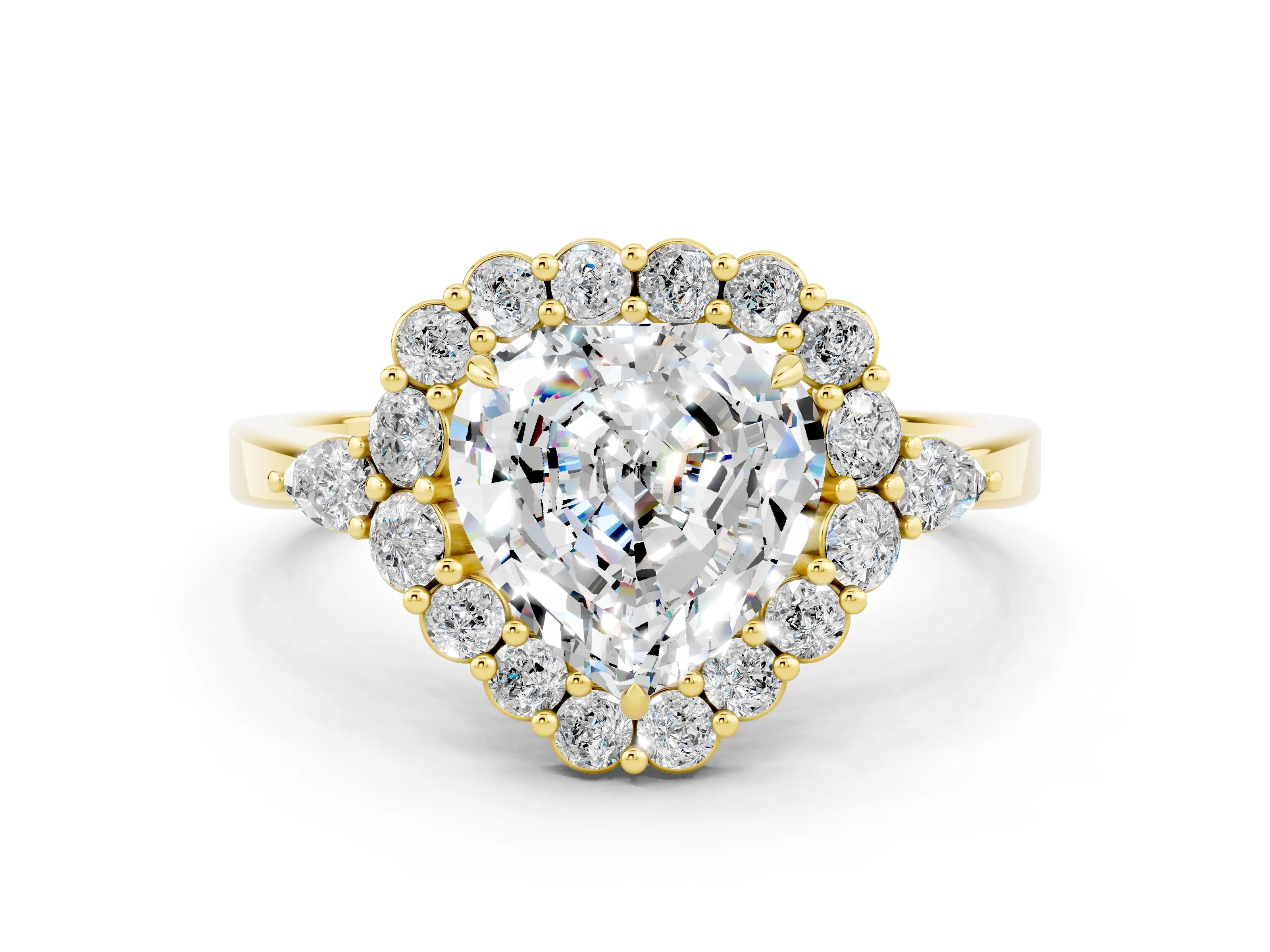 Yellow gold Heart Cut Moissanite Halo Ring with Pear Side Stones and Prong Setting_12