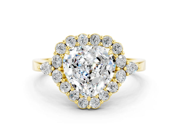 Yellow gold Heart Cut Moissanite Halo Ring with Pear Side Stones and Prong Setting