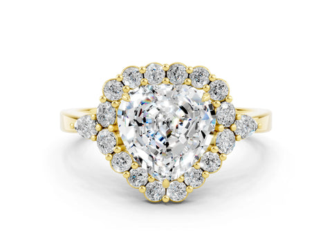 Yellow gold Heart Cut Moissanite Halo Ring with Pear Side Stones and Prong Setting_12
