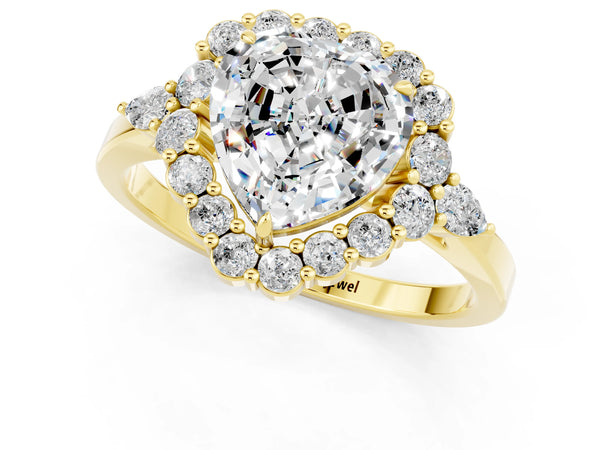 Yellow gold Heart Cut Moissanite Halo Ring with Pear Side Stones and Prong Setting