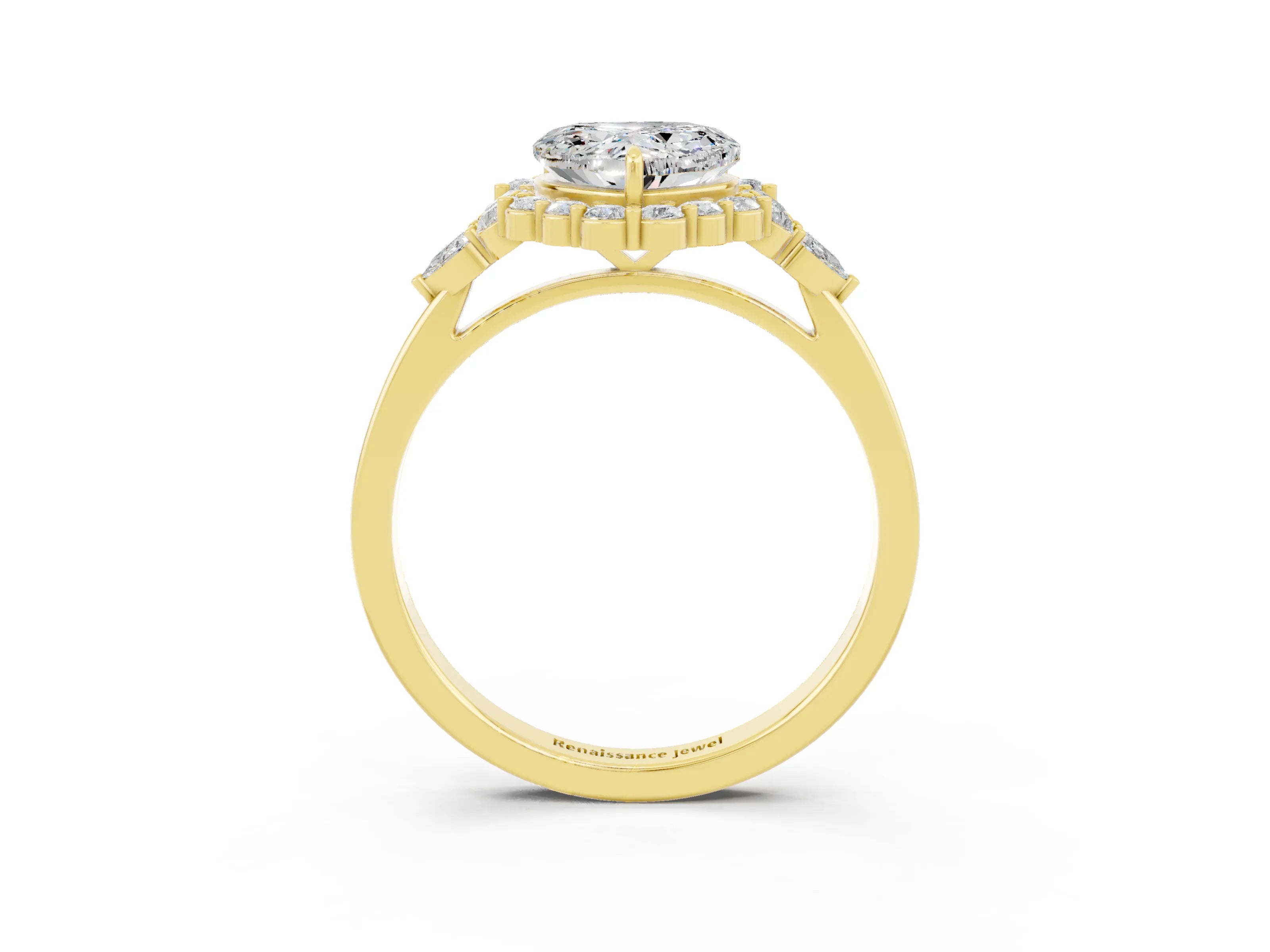Yellow gold Heart Cut Moissanite Halo Ring with Pear Side Stones and Prong Setting_15