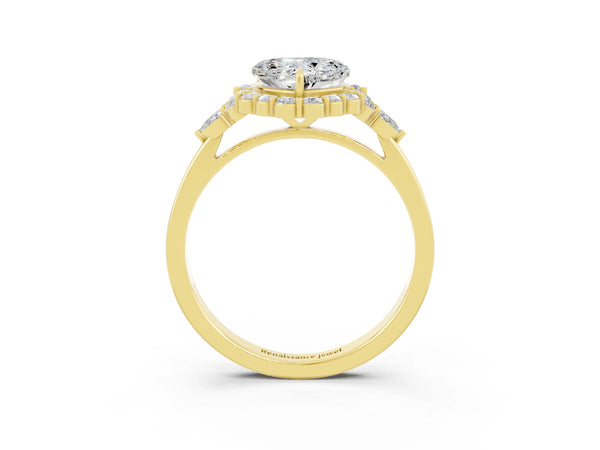 Yellow gold Heart Cut Moissanite Halo Ring with Pear Side Stones and Prong Setting