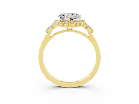 Yellow gold Heart Cut Moissanite Halo Ring with Pear Side Stones and Prong Setting_15