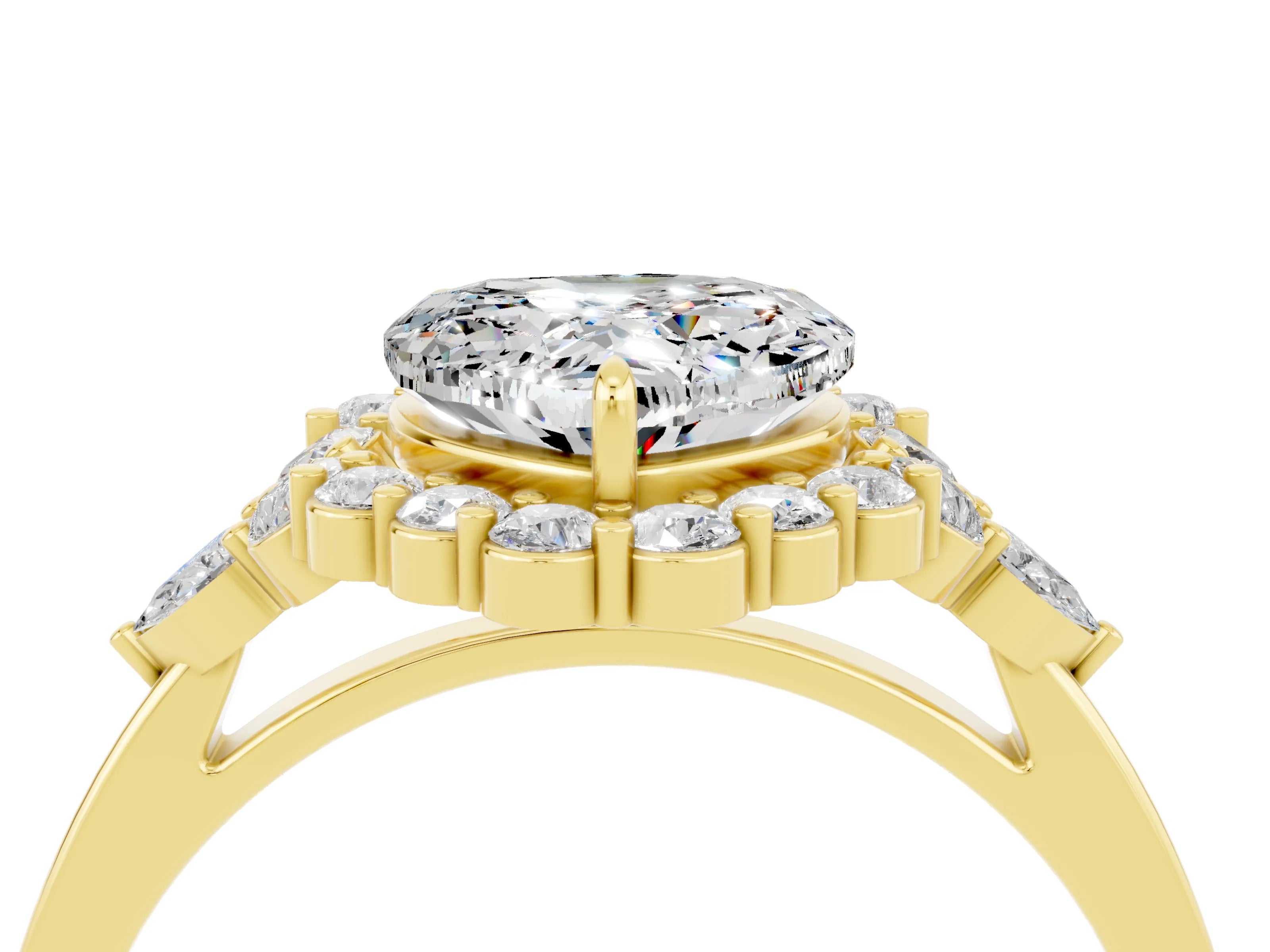 Yellow gold Heart Cut Moissanite Halo Ring with Pear Side Stones and Prong Setting_16