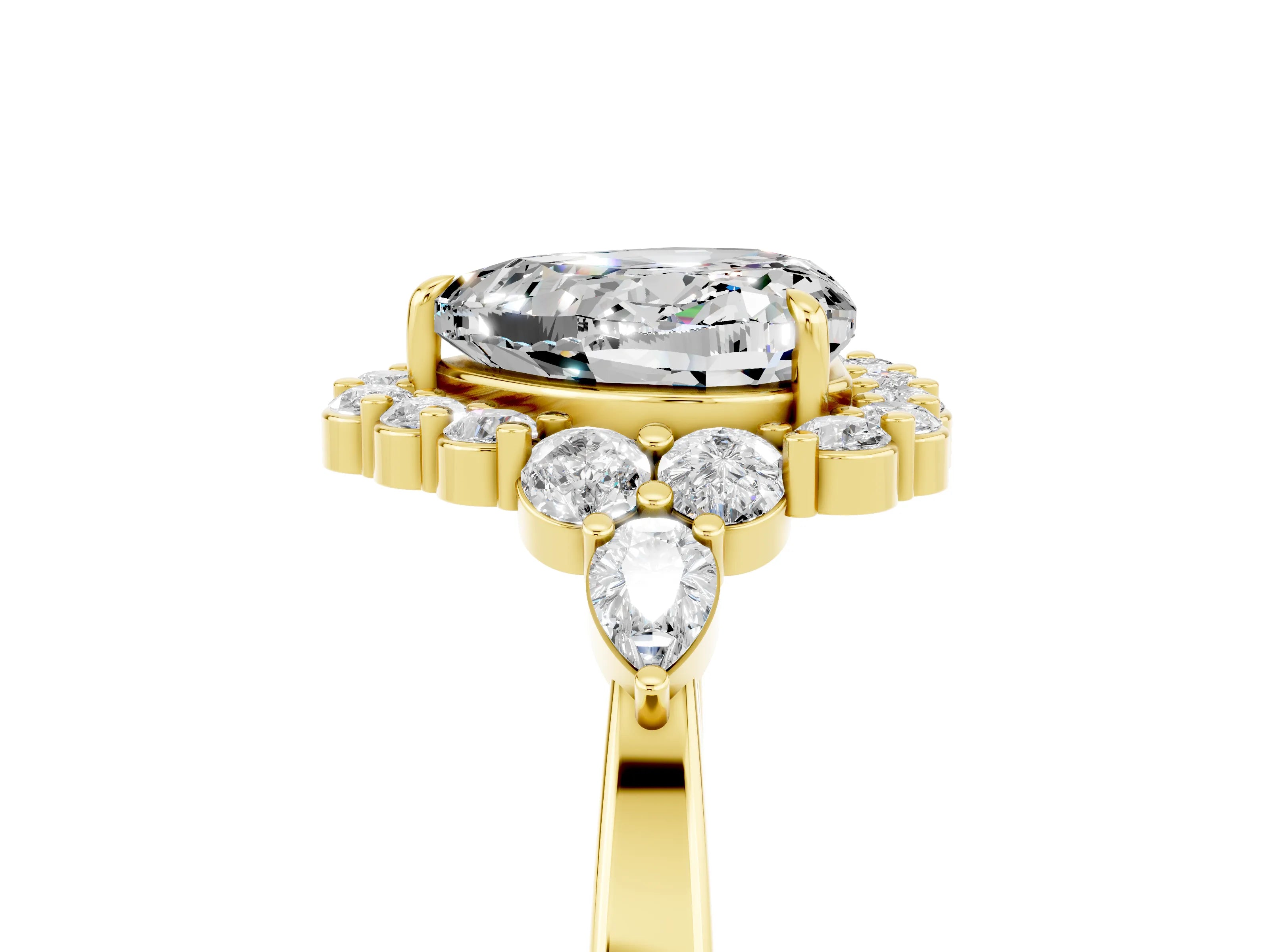 Yellow gold Heart Cut Moissanite Halo Ring with Pear Side Stones and Prong Setting_17