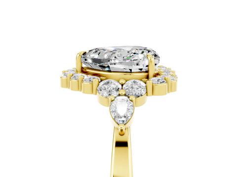 Yellow gold Heart Cut Moissanite Halo Ring with Pear Side Stones and Prong Setting_17