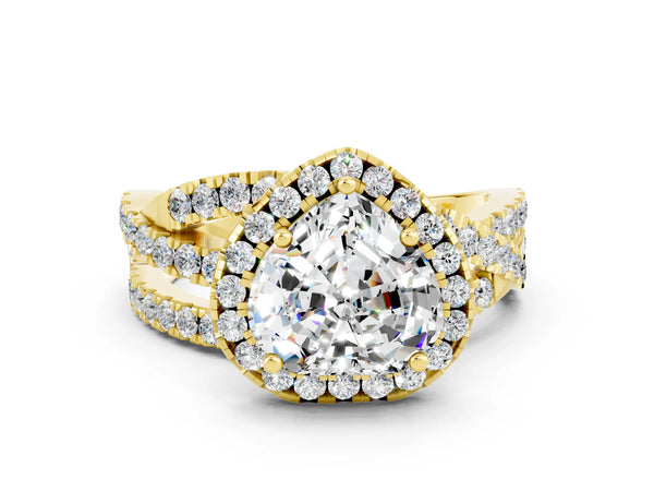 Yellow gold Heart Cut Moissanite Halo Ring with Round Split Shank and Prong Setting