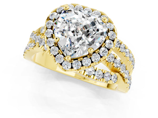Yellow gold Heart Cut Moissanite Halo Ring with Round Split Shank and Prong Setting
