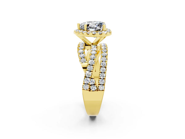 Yellow gold Heart Cut Moissanite Halo Ring with Round Split Shank and Prong Setting