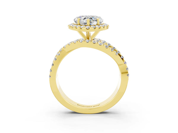 Yellow gold Heart Cut Moissanite Halo Ring with Round Split Shank and Prong Setting