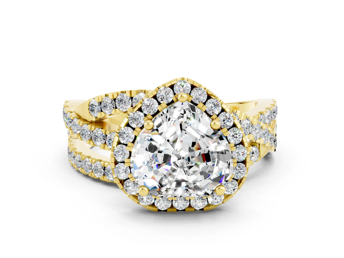 Yellow gold Heart Cut Moissanite Halo Ring with Round Split Shank and Prong Setting_48