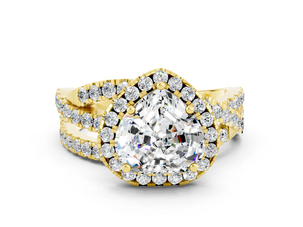 Yellow gold Heart Cut Moissanite Halo Ring with Round Split Shank and Prong Setting