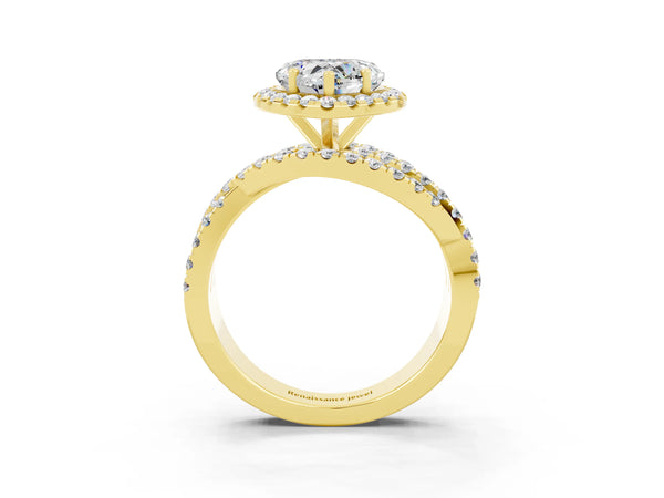 Yellow gold Heart Cut Moissanite Halo Ring with Round Split Shank and Prong Setting